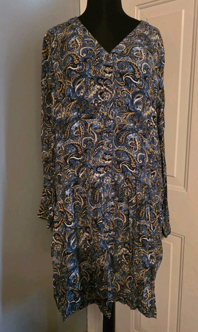 Garnet Hill Paisley Print Dress Womens 18 Green/Blue Drop Waist Button-Up Boho